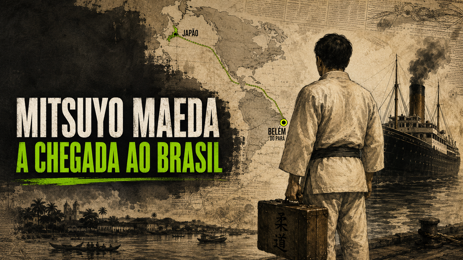 Ilustração sobre a viagem de Mitsuyo Maeda do Japão ao Brasil