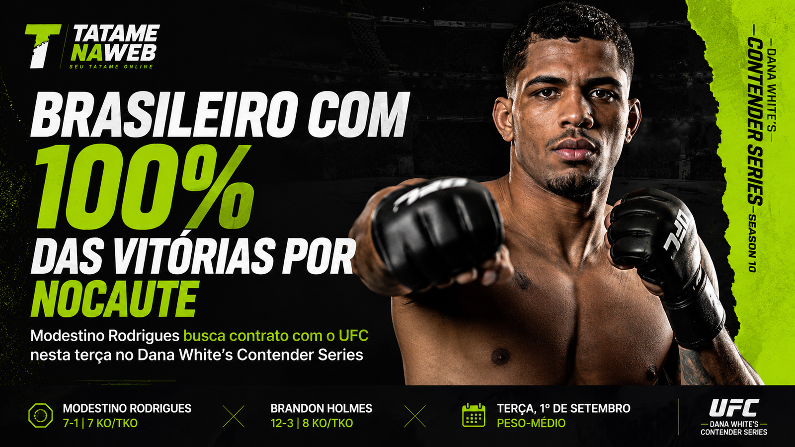 Modestino Rodrigues em destaque antes de enfrentar Brandon Holmes no Dana White’s Contender Series, em busca de um contrato com o UFC