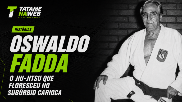 Oswaldo Fadda de quimono em fotografia em preto e branco, ao lado do título da matéria, em arte do TatameNaWeb com detalhes em verde-lima.