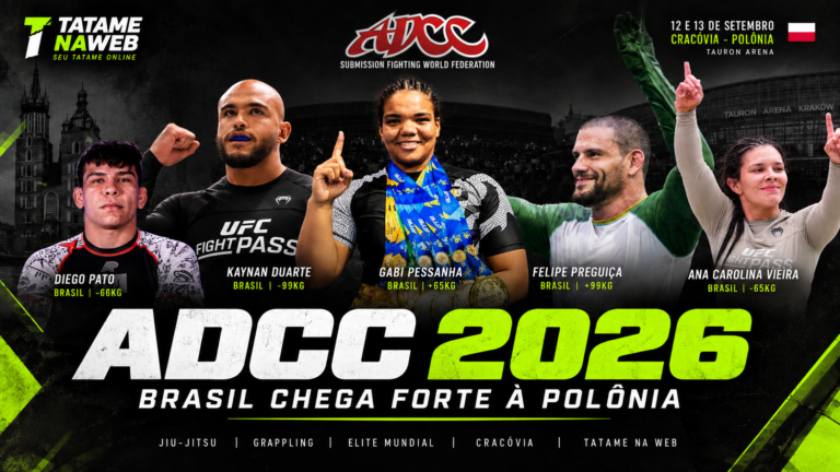 Kaynan Duarte, Felipe Preguiça, Gabi Pessanha, Diego Pato e Ana Carolina Vieira em destaque para o ADCC 2026, em Cracóvia, na Polônia.