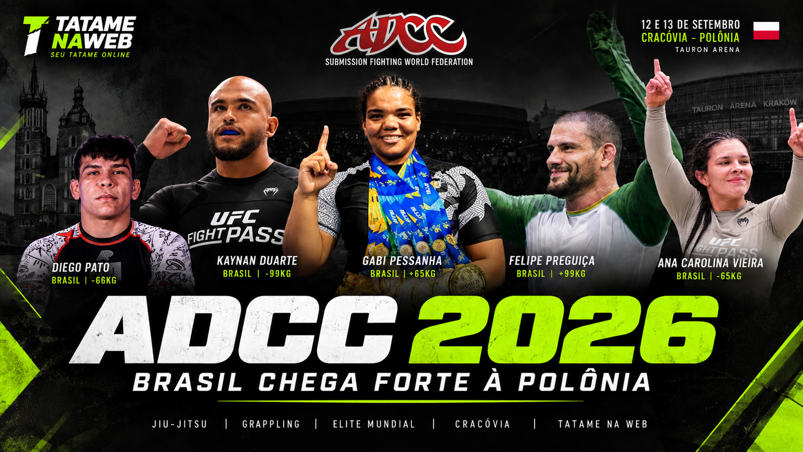 Kaynan Duarte, Felipe Preguiça, Gabi Pessanha, Diego Pato e Ana Carolina Vieira em destaque para o ADCC 2026, em Cracóvia, na Polônia.