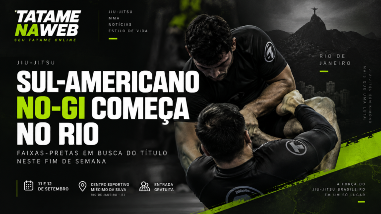 Arte do TatameNaWeb sobre o Sul-Americano No-Gi 2026, com atletas de Jiu-Jitsu em ação, destaque para as faixas-pretas e informações do evento no Rio de Janeiro.