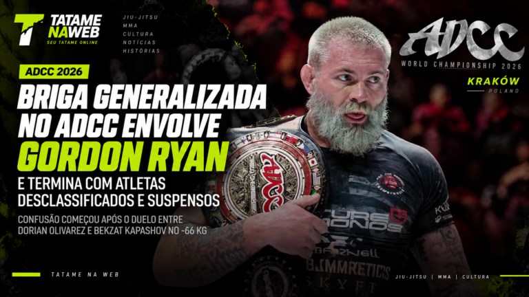 Gordon Ryan com cinturão do ADCC em imagem de destaque do TatameNaWeb sobre a briga generalizada no ADCC, que terminou com atletas desclassificados e suspensos.