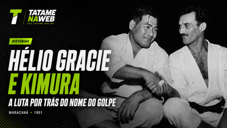 Masahiko Kimura e Hélio Gracie de quimono, sentados e apertando as mãos, em fotografia em preto e branco na capa do TatameNaWeb.