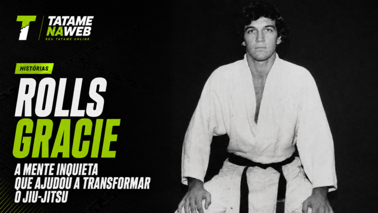 Rolls Gracie de quimono branco e faixa-preta, em fotografia em preto e branco, ao lado do título da matéria na capa do TatameNaWeb, com detalhes em verde-lima.