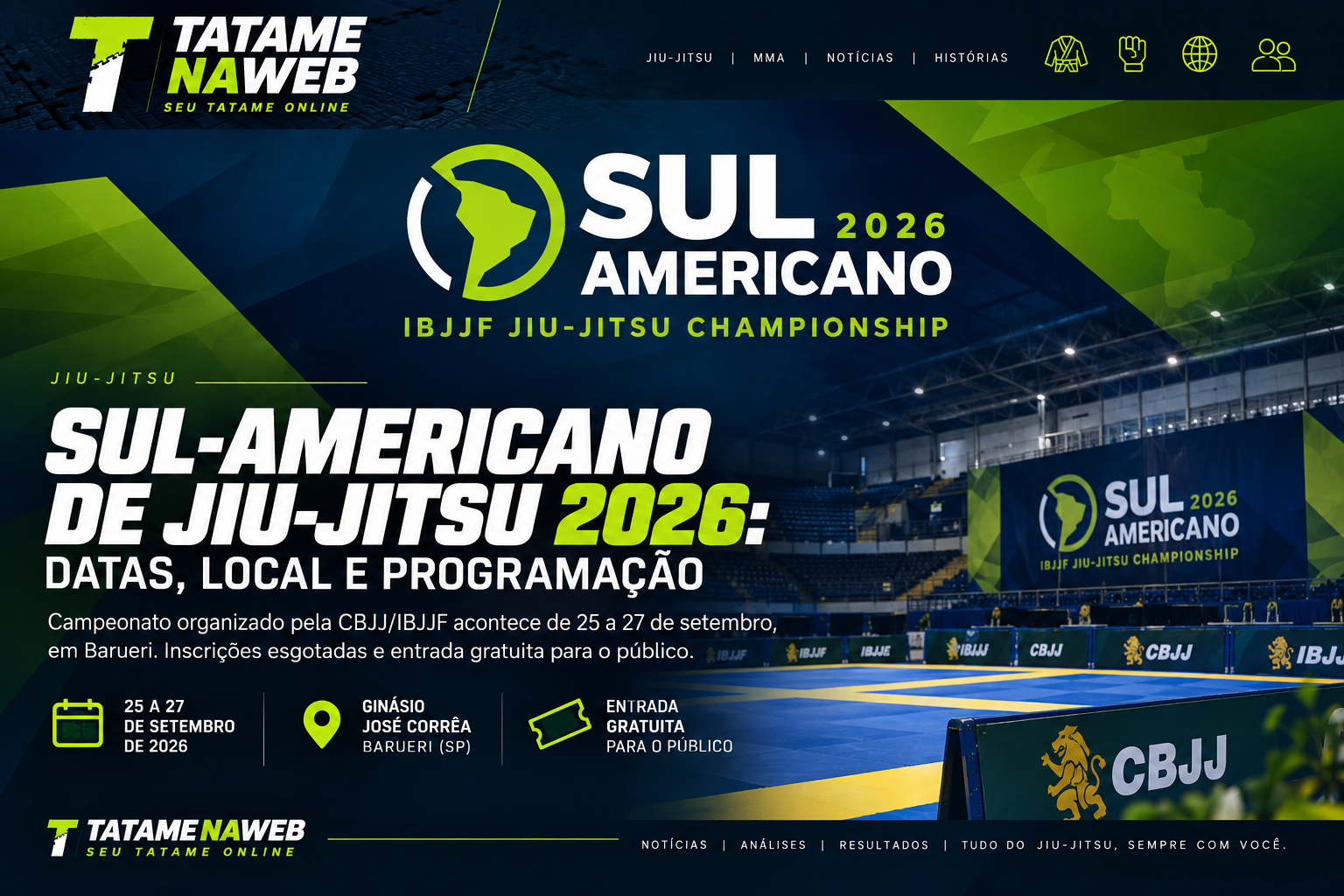 Arte do Sul-Americano de Jiu-Jitsu 2026 em Barueri, com datas, local e programação do evento