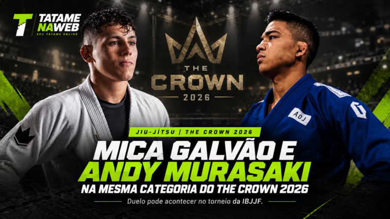 Mica Galvão e Andy Murasaki com kimono de Jiu-Jitsu em arte do The Crown 2026