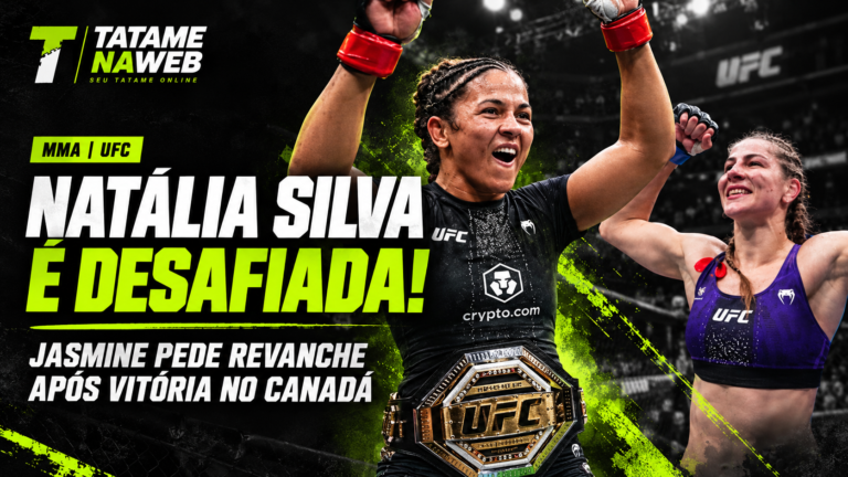 Natália Silva e Jasmine Jasudavicius em arte do TatameNaWeb sobre possível revanche pelo cinturão peso-mosca do UFC