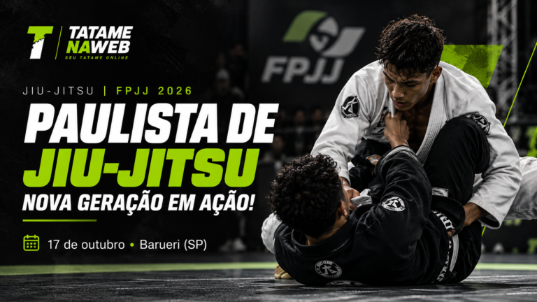 Arte do Campeonato Paulista de Jiu-Jitsu 2026 da FPJJ, com atletas de kimono e informações da competição em Barueri